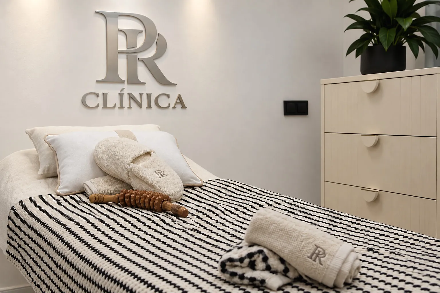 Cabina del centro con el cartel PR Clínica sobre la camilla preparada con toallas y zapatillas bordadas