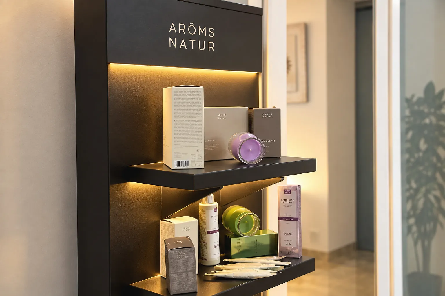 Expositor iluminado con productos de Aroms Natur y una vela