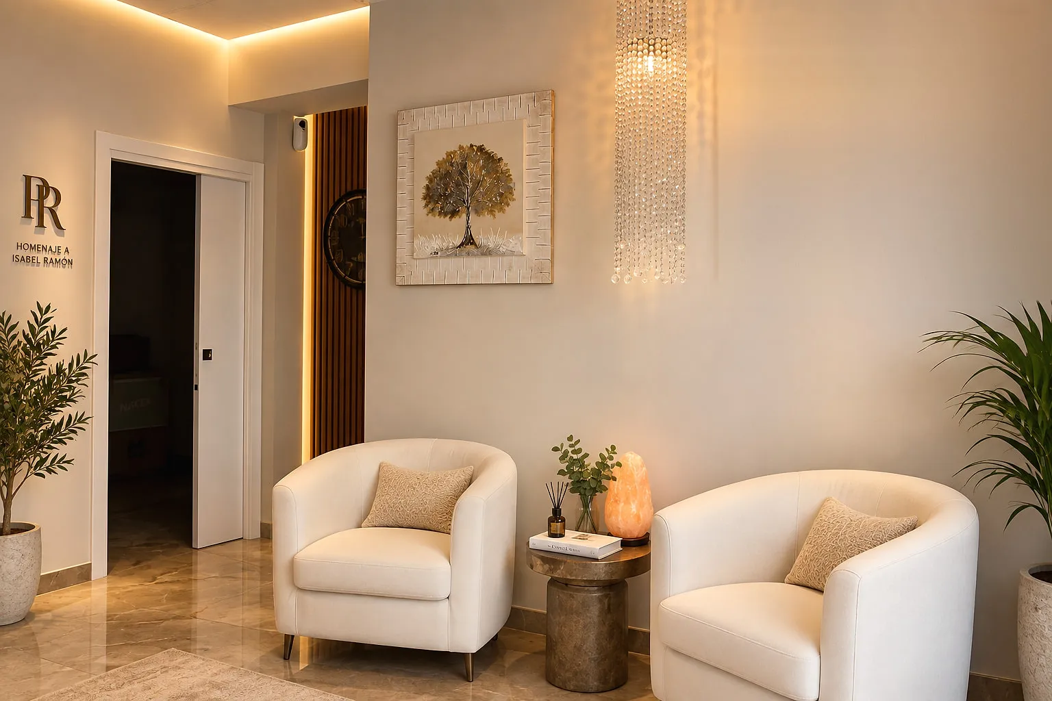 Sala de espera con dos sillones blancos, una lámpara de sal sobre la mesa auxiliar y cuadros en la pared